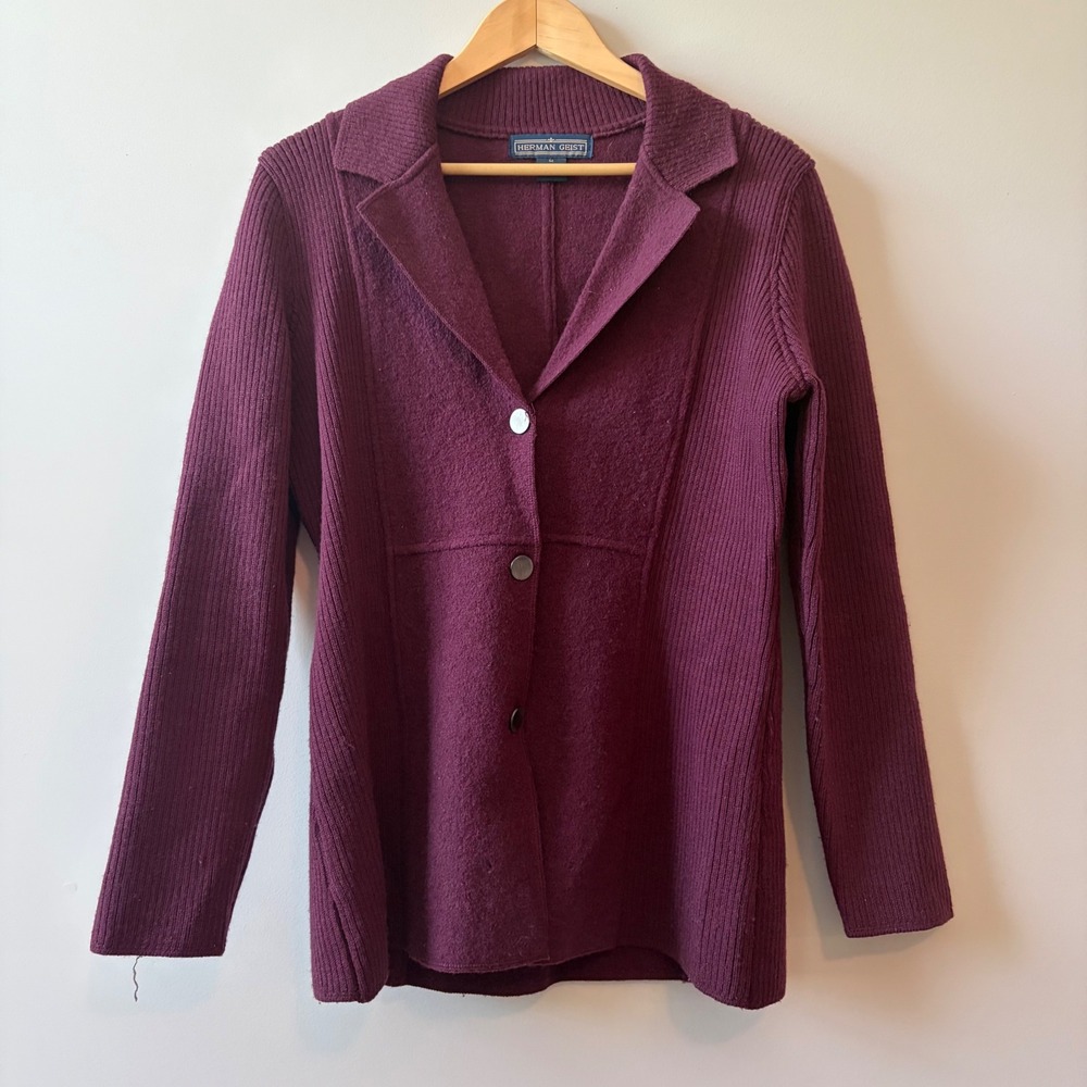 Herman Geist Womens Plum Purple 100% Wool Ribbed Sleeve Blazer Cardigan Medium